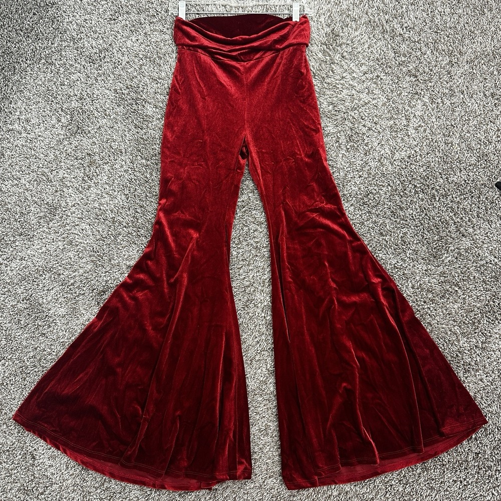 Kantha Bae SZ S/M  Open Hands Velvet Bells Red Boho Flare Pants Stretch NWT